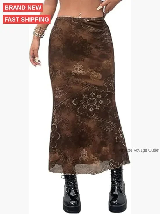 Midi Mesh Skirt with Floral Print, High Waisted Elastic, Lettuce Trim - Picture 1 of 7